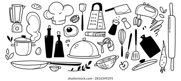 Doodle set of kitchen items and food isolated on white background. Vector illustration of cooking utensils, pots, chef tools, hand-drawn outline kitchenware, fruit and vegetables for culinary designs