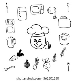 Doodle set of kitchen items and food on white background