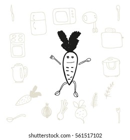 Doodle set of kitchen items and food on white background, in the center of the creative character of the carrots