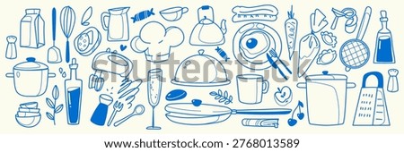 Doodle set of kitchen items and food isolated on white background. Vector illustration of cooking utensils, pots, chef tools, hand-drawn outline kitchenware, fruit and vegetables for culinary designs