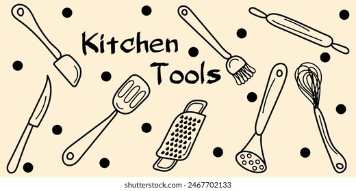 Doodle set Kitchen utensil: wire whisk, spatula, rolling pin, gratter, busting brush, metal turner. Vector hand drawn illustration in black, beige colors. Isolated on beige background	