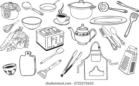 Conjunto de rabiscos de utensílios de cozinha isolados em fundo transparente	