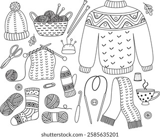 Doodle set with knitting tools and clothes. Linear illustration of hobby elements