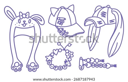 Doodle set of K-pop fan items rabbit and cat ear caps, moving ear hat, beaded bracelet, pin. Purple outline. Great for merch, stickers, posters, fan art, and pop culture designs. Love for South Korea