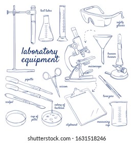 Doodle set of laboratory equipment - test tubes, glasses, burner, microscope, pipette, scalpel, petri, bacteria, clipboard, scissor, measuring cup, tweezers, hand-drawn. Vector sketch illustration