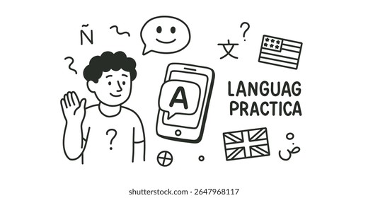 doodle set of language learning apps vector illustration