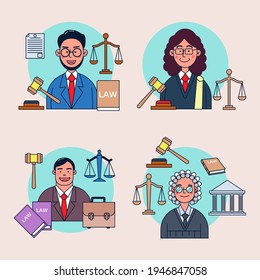 Doodle set of Lawyers Man and judges female in court of justice, cartoon character drawing design flat vector illustration