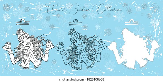 Doodle set with Libra zodiac symbol. Girl holding gift boxes against snowy background. Vector hand drawn winter illustration, line art design element, esoteric and mystic background