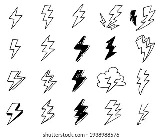 Doodle set lightning line art, vector illustration.