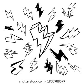 Doodle set lightning line art, vector illustration.