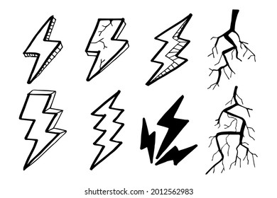 Doodle set lightning line art, thunder, vector illustration.