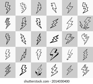 Doodle set lightning line art, vector illustration.