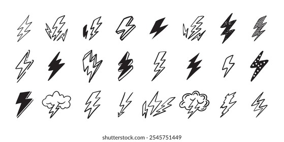 Doodle set lightning line art. Hand drawn lightning icons. Vector illustration
