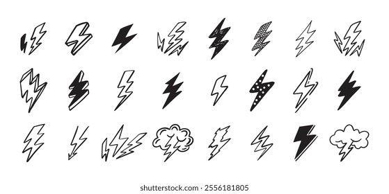 Doodle set lightning line art. Hand drawn lightning icons. Vector illustration