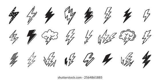 Doodle set lightning line art. Hand drawn lightning icons. Vector illustration