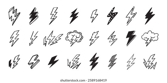 Doodle set lightning line art. Hand drawn lightning icons. Vector illustration
