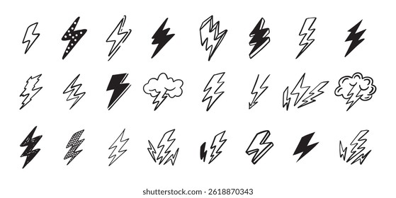 Doodle set lightning line art. Hand drawn lightning icons. Vector illustration