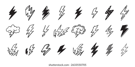 Doodle set lightning line art. Hand drawn lightning icons. Vector illustration