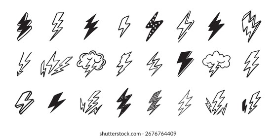 Doodle set lightning line art. Hand drawn lightning icons. Vector illustration