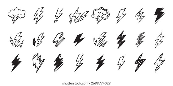 Desenho define a arte da linha de raio. Ícones de raio desenhados à mão. Ilustração vetorial