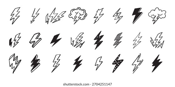 Doodle set lightning line art. Iconos de rayos dibujados a mano. Ilustración vectorial