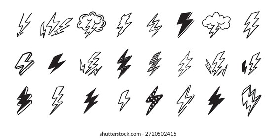 Doodle set lightning line art. Iconos de rayos dibujados a mano. Ilustración vectorial