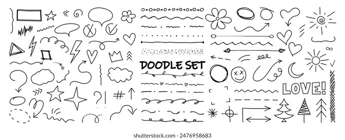 Doodle set line elements. Doodle heart, circle, arrow, star, underline, signs and symbols -  icon hand drawn. Doodles, scribble. Simple sketch line style, pattern elements. Vector illustration