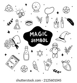 Doodle set magic symbol. Runes, signs, hand, potion, voodoo doll, magic book, crystal, mushrooms, magic ball.