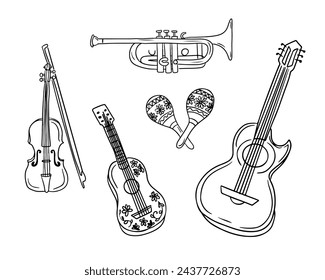 Doodle conjunto de instrumentos musicales mariachianos. Dibujos de contorno de vector negro sobre fondo blanco. Ideal para la decoración, páginas para colorear, pegatinas, tatuaje, patrón