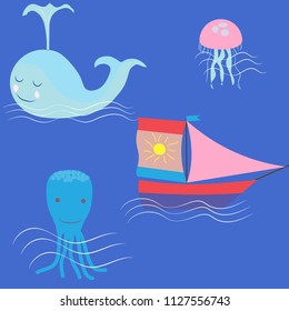 Doodle set of marine objects, whale, octopus, sailboat and jellyfish, for children's posters, ads, cards vector illustration