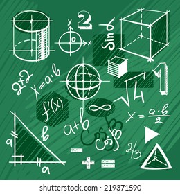 Doodle set of math symbols and figures on green background