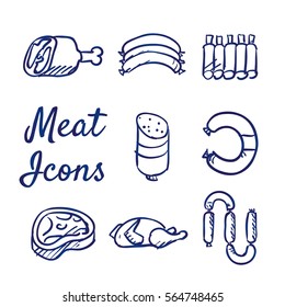Doodle set of Meat Icons - bone, haunch, sausages, spareribs, salami, steak, chicken, hand-drawn. Vector sketch illustration isolated over white background.