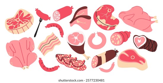 Doodle Set of Meat Products: Steaks, Sausages, and More. Meat Lovers Collection: BBQ and Sausages in Doodle Style.Doodle Meat Platter