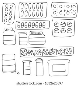 Doodle set of medicines in blisters and jars, with and without dispenser, capsules and tablets vector outline illustration for design nad creativity