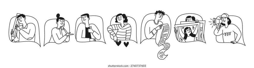 A doodle set of men and women interacting with each other via chat, video calls, messages, notifications, and reactions. Modern vector linear style hand drawn illustrations