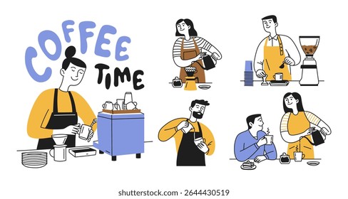 Doodle set of men and women. People communication over a cup of hot coffee. Concept of making coffee by barista or at home by yourself. Vector