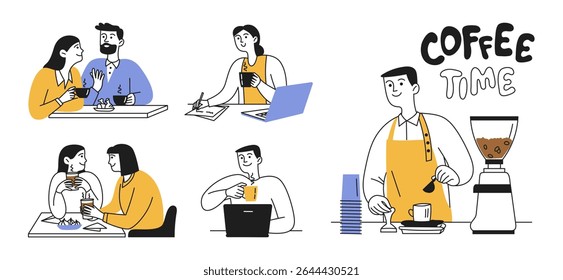 Doodle set of men and women. People communication over a cup of hot coffee, tea. Concept of barista service and customers in cafe, restaurant. Vector illustration
