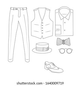 Doodle set men's clothes and accessories  1920's  pants, shirt, vest, hat, butterfly, glasses, shoes in doodle style. Vector simple sketch men's suit isolated on background 