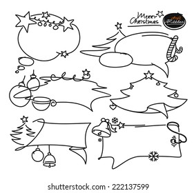 Doodle set Merry Christmas elements. Bubble frames, boxes, cloud, christmas tree, flags, banners on sale. Isolated  black silhouette