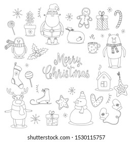 Doodle set of merry christmas and happy new year objects. Vector illustration.