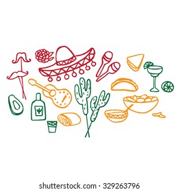 Doodle set of Mexican elements, cinco de mayo elements, mexico fiesta