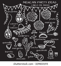 Doodle set of Mexican party ideas, Cinco de Mayo elements, Mexico fiesta