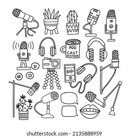 doodle set with microphones, potted flowers, headphones. podcast, sound recording. vector illustration isolated on white background