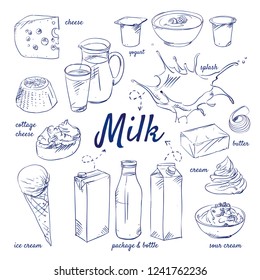 Doodle set of Milk - cream, butter, yogurt, cottage cheese, ice cream, sour cream, drink, splash, package, bottle, glass, hand-drawn. Vector sketch illustration isolated over white background.
