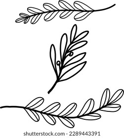 Doodle set, minimalistic graceful twigs with leaves, hand drawing, outline