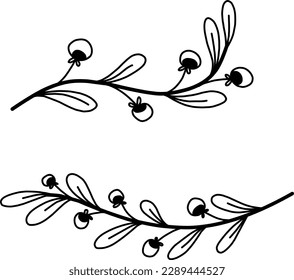 Doodle set, minimalistic graceful twigs with leaves, hand drawing, outline
