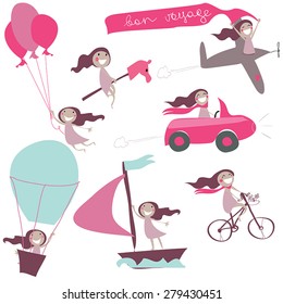 doodle set of  mode of transport with funny girls.