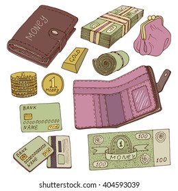 Doodle set of money icons. 