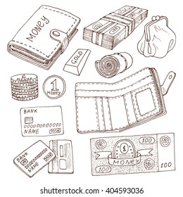 Doodle set of money icons. Outline. 