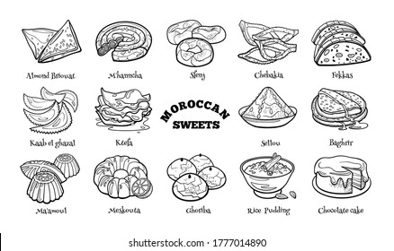 Doodle set of Moroccan sweets. Hand drawn sketch of traditional desserts. Vector illustration on white background.